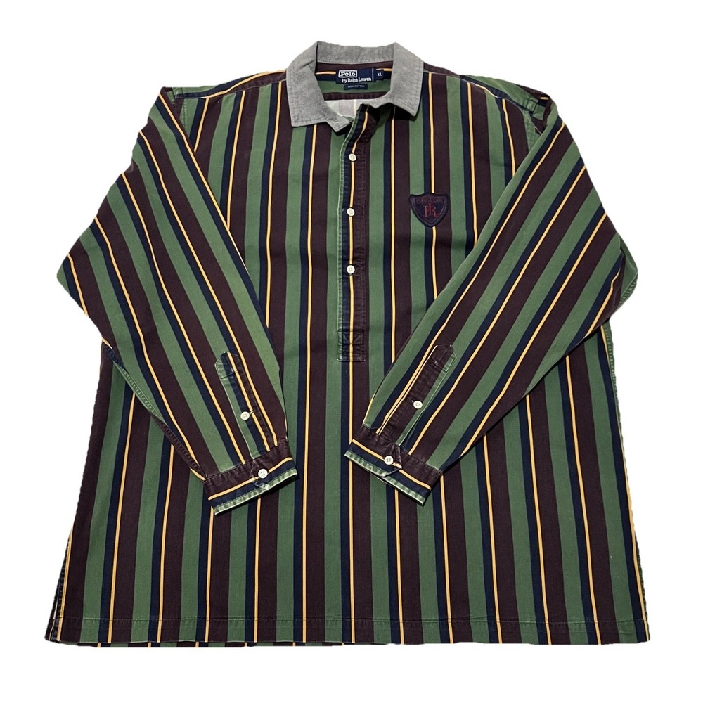 VINTAGE POLO RALPH LAUREN POLICE BADGE Multicolor Stripe 1/4 button up shirt XL